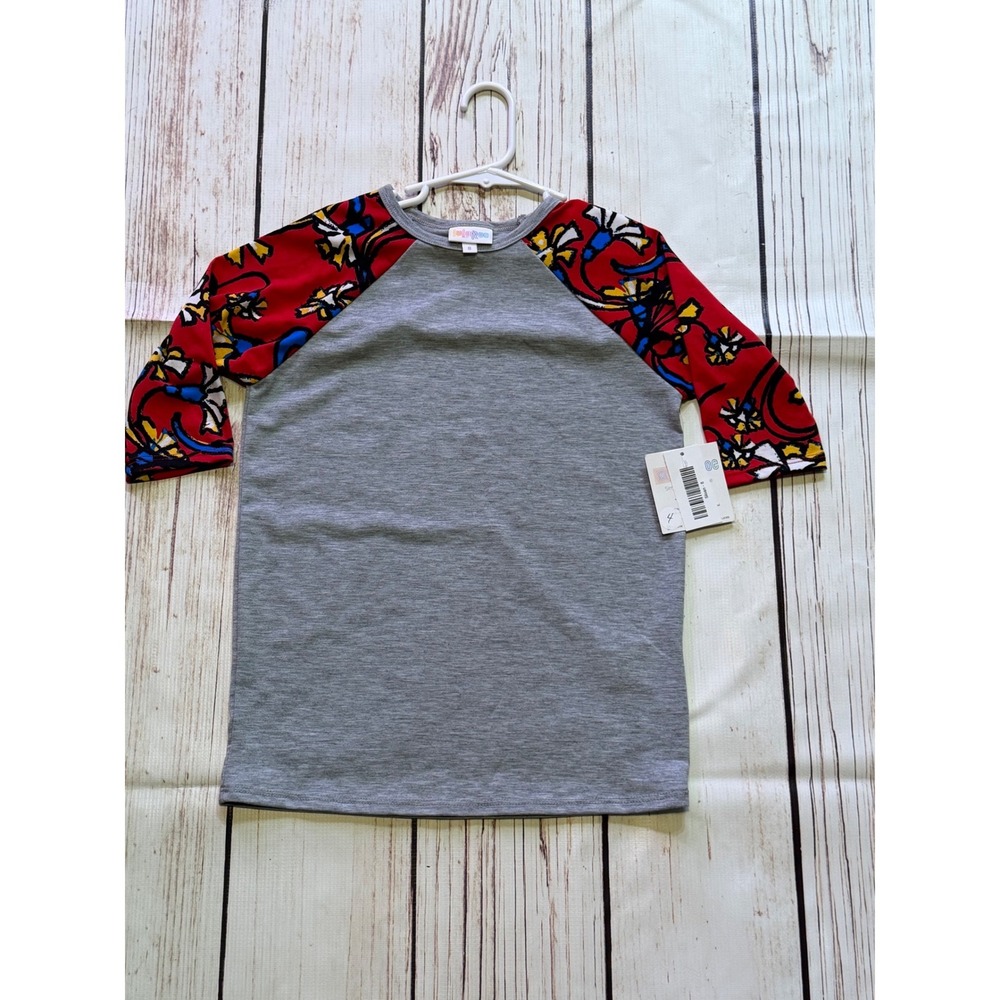 LuLaRoe Sloan Kids Raglan Tee Gray Red Floral Baseball Shirt Size 8 NWT